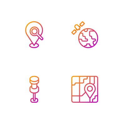 Çizgi şehir haritası navigasyonunu, pimi, arama yerini ve gezegenin yörüngesindeki uyduları ayarla. Renk simgeleri. Vektör.