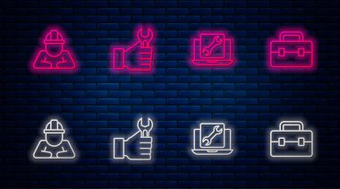 Satır anahtarlarını, Laptop servisini, İnşa ve Araç Kutusunu ayarla. Tuğla duvarda parlayan neon simgesi. Vektör.