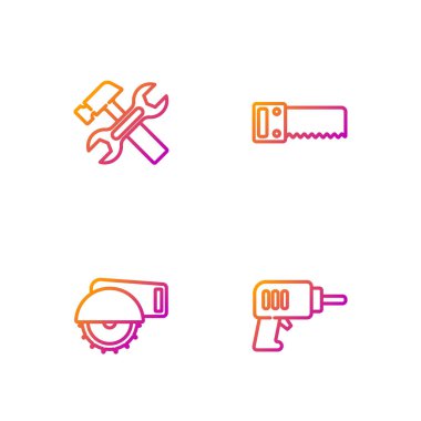 Elektrik matkap, daire testere, çekiç, anahtar ve el ayarlayın. Renk simgeleri. Vektör.