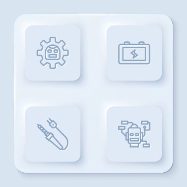 Robot, Batarya, lehimleme demiri ve... Beyaz kare düğme. Vektör.