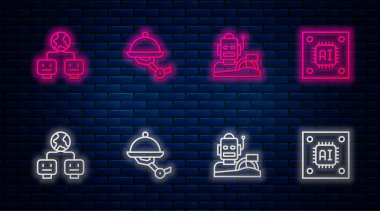Garson robotu, robot insanımsı araba, yapay zeka ve mikro devreli işlemci ayarla. Tuğla duvarda parlayan neon simgesi. Vektör.