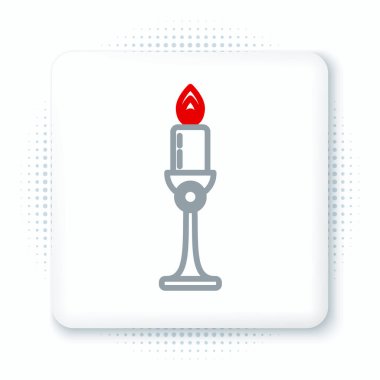 Beyaz arkaplanda izole edilmiş şamdan simgesinde çizgi yakma mumu. Eski moda yanan mum. Silindirik mum çubuğu ve yanan ateş. Renkli taslak konsepti. Vektör.