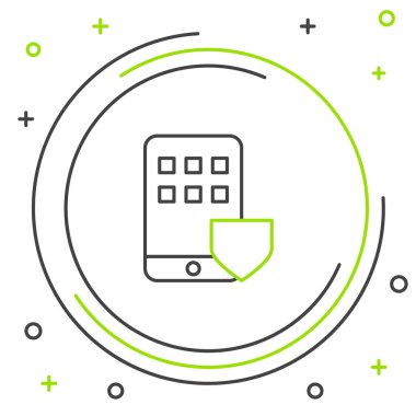 Beyaz zemin üzerinde kalkan simgesi olan cep telefonu hattı. Akıllı telefon sigortası. Güvenlik, güvenlik, koruma, konsept koruma. Renkli taslak konsepti. Vektör.