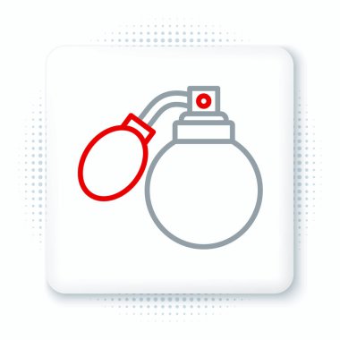 Beyaz arka planda izole edilmiş atom ikonu olan çizgi traş losyonu şişesi. Parfüm spreyi ikonu. Erkek parfüm şişesi. Renkli taslak konsepti. Vektör.