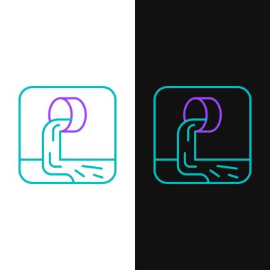 Atık su simgesi beyaz ve siyah arkaplanda izole edildi. Kanalizasyon borusu. Borudan nehre sıvı akıyor. Renkli taslak konsepti. Vektör.