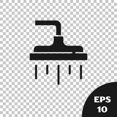 Şeffaf arkaplanda su damlaları akan simgesi olan siyah duş başlığı izole edildi. Vektör.