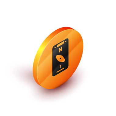 Beyaz arkaplanda izole edilmiş navigasyon simgesi için akıllı telefondaki Isometric Pusula ekran uygulamaları. Navigasyon için uygulama pusulası, uygulama haritası. Turuncu daire düğmesi. Vektör.