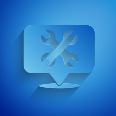 Mavi arkaplanda İngiliz anahtarı simgesi izole edilmiş kağıt kesimi konumu. Ayarlama, servis, ayar, bakım, onarım, onarım. Kağıt sanatı tarzı. Vektör.