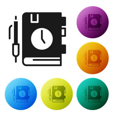 Siyah Kağıt Not Defteri simgesi beyaz arkaplanda izole edildi. Simgeleri renk daire düğmelerine ayarla. Vektör.