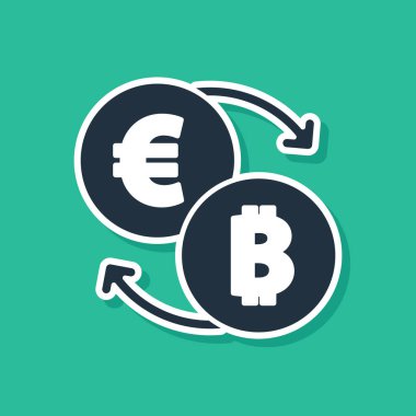 Yeşil arkaplanda mavi kripto döviz simgesi izole edildi. Bitcoin 'den Euro takas simgesine. Kripto para teknolojisi, mobil bankacılık. Vektör.
