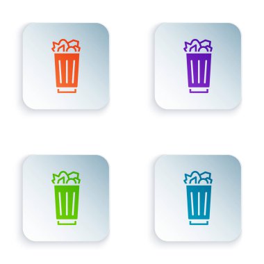 Beyaz arkaplanda tam renk çöp kutusu simgesi izole edildi. Çöp kutusu tabelası. Sepet simgesini geri dönüştür. Ofis çöpü ikonu. Kare düğmelere renkli simgeleri yerleştir. Vektör.