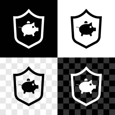 Siyah beyaz, şeffaf arkaplanda izole edilmiş kalkan simgesiyle kumbarayı ayarla. Tasarruf ya da para birikimi, yatırım. Vektör.