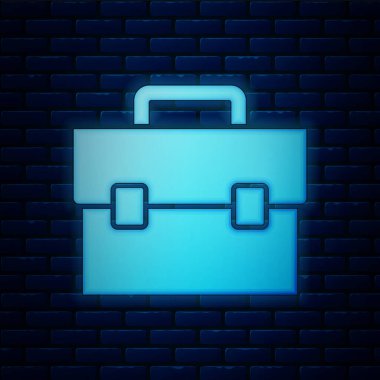 Parlayan neon çanta simgesi tuğla duvar arkasında izole edildi. İş ilanı. İş portföyü. Vektör.
