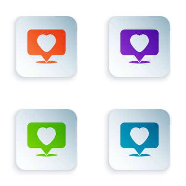 Renk Benzeri ve kalp simgesi beyaz arkaplanda izole edilmiş. Karşıt Bildirim Simgesi. Insta 'yı takip et. Kare düğmelere renkli simgeleri yerleştir. Vektör.