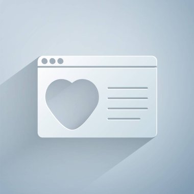 Kağıt kesme uygulaması çevrimiçi dizüstü bilgisayar konsepti simgesi gri arkaplanda izole edildi. Kadın erkek profili düz tasarım. Çift ilişki için eşleşiyor. Kağıt sanatı tarzı. Vektör.