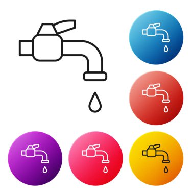 Siyah çizgi su musluğu simgesi beyaz arkaplanda izole edildi. Renkli daire düğmelerini ayarlayın. Vektör İllüstrasyonu.