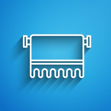 Askı simgesinde beyaz çizgi havlusu mavi arkaplanda izole edildi. Banyo havlusu ikonu. Uzun gölge. Vektör.
