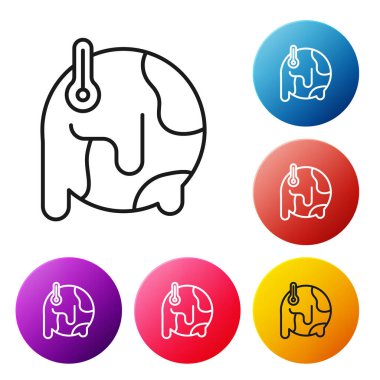 Siyah çizgi Gezegen Dünya, beyaz arka planda izole edilmiş küresel ısınma ikonuna doğru eriyor. Ekolojik problemler ve çözümler - termometre. Renkli daire düğmelerini ayarlayın. Vektör.