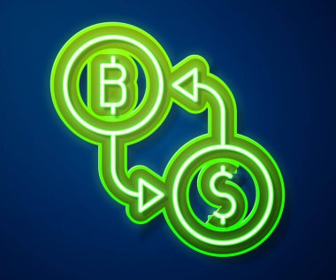 Parlayan neon hattı Kripto döviz simgesi mavi arkaplanda izole edildi. Bitcoin 'den dolar takas simgesine. Kripto para teknolojisi, mobil bankacılık. Vektör.