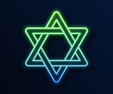 Parlayan neon hattı David 'in Yıldızı simgesi mavi arkaplanda izole edildi. Yahudi dini sembolü. İsrail 'in sembolü. Vektör.