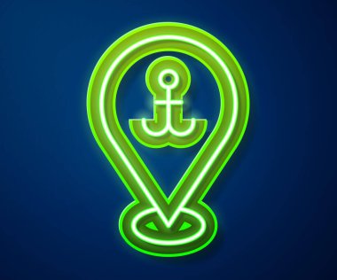 Mavi arkaplanda izole edilmiş çapa simgesiyle parlayan neon çizgi haritası işaretçisi. Vektör.