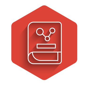 Beyaz çizgi Kimya kitabı ikonu uzun gölgeli izole edilmiş. Kırmızı altıgen düğmesi. Vektör.