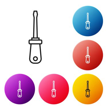 Siyah çizgi tornavida simgesi beyaz arkaplanda izole edildi. Servis aracı sembolü. Renkli daire düğmelerini ayarlayın. Vektör.