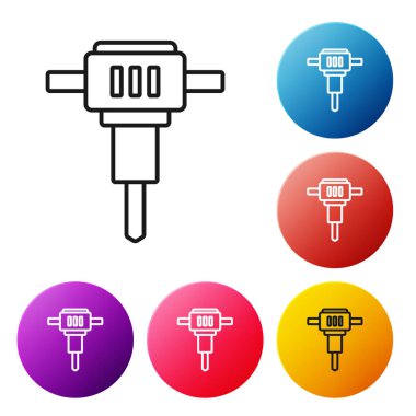 Siyah çizgi inşaat matkabı ikonu beyaz arka planda izole edildi. Renkli daire düğmelerini ayarlayın. Vektör.