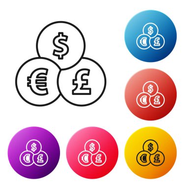 Siyah çizgi para değişim simgesi beyaz arkaplanda izole edildi. Para transferi sembolü. Bankacılık işareti. Renkli daire düğmelerini ayarlayın. Vektör.