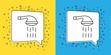 Sarı ve mavi zemin üzerinde su damlaları akan ikonu olan duş başlığını ayarlayın. Vektör.