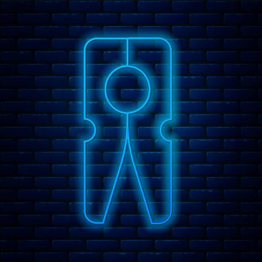 Parlayan neon hattı tuğla duvar arkasında izole edilmiş eski ahşap iğne simgesi. Elbise askısı. Vektör.