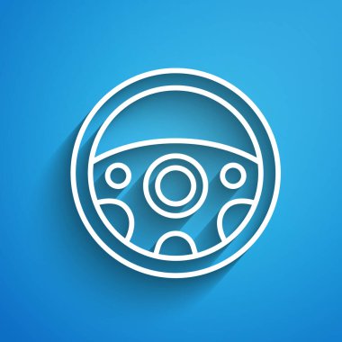 Mavi arka planda beyaz çizgi direksiyon simgesi izole edildi. Araba tekeri ikonu. Uzun gölge. Vektör.