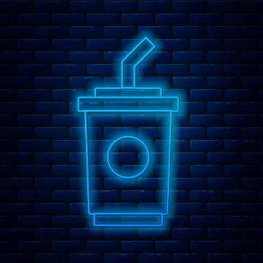 Duvarda izole edilmiş pipet ve su ikonu ile parlayan neon şeritli kağıt bardak. Soda bardağı. Taze soğuk içecek sembolü. Vektör.