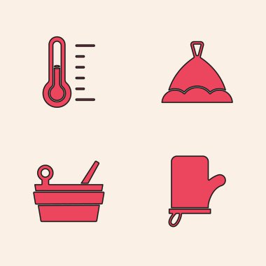 Sauna eldivenlerini, termometreyi, şapkayı, kovayı ve kepçe simgesini ayarla. Vektör.