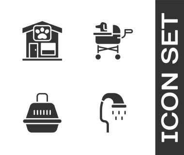 Evcil hayvan banyosu, tımar, çanta ve bebek arabası ikonu hazırla. Vektör.