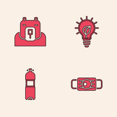 Tıbbi koruyucu maske, kutup ayısı kafası, yapraklı ampul ve bir şişe su ikonu. Vektör.