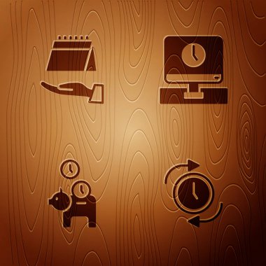 Saat 'i ok, takvim, kumbaralı bozuk para ve ahşap zemin üzerindeki monitör saatiyle ayarla. Vektör.