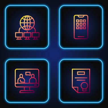 Sertifika şablonu, Çevrimiçi eğitim, Bilgisayar ağı ve cep telefonunu ayarla. Renk simgeleri. Vektör.