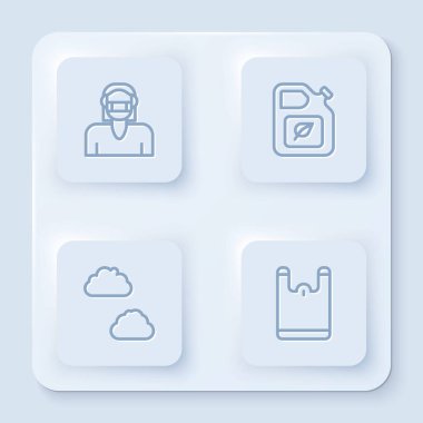 Yüz koruma maskesi, biyo yakıt tüpü, bulut ve plastik torba takın. Beyaz kare düğme. Vektör.