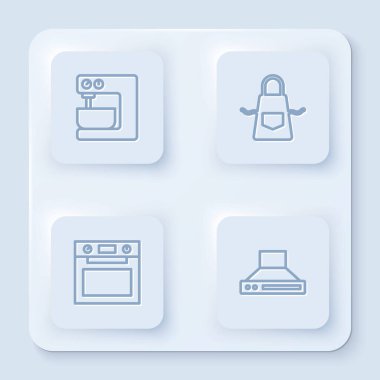 Elektrik mikseri, mutfak önlüğü, fırın ve vantilatör ayarlayın. Beyaz kare düğme. Vektör.