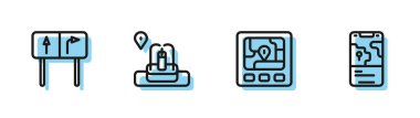 Haritalı GPS cihazını, trafik işaretini, çeşmeyi ve şehir navigasyon simgesini ayarla. Vektör.