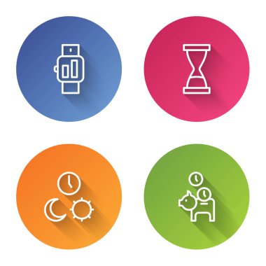 Çizgiyi Smartwatch, kumlu eski kum saati, gece vakti ve Piggy Bank parası ayarla. Renkli daire düğmesi. Vektör.