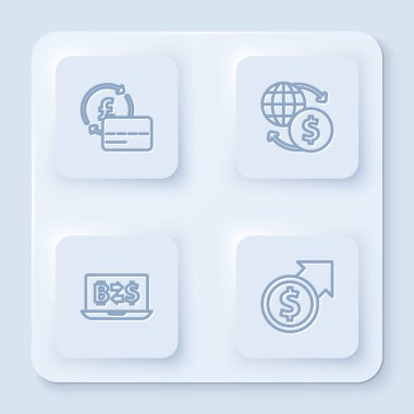 Kredi kartı, para değişimi, kripto para birimi ve maddi büyüme ve dolar. Beyaz kare düğme. Vektör.