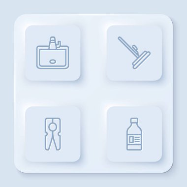 Temizlik malzemesi için çamaşır leğeni, paspas, mandal ve şişe ayarlayın. Beyaz kare düğme. Vektör.