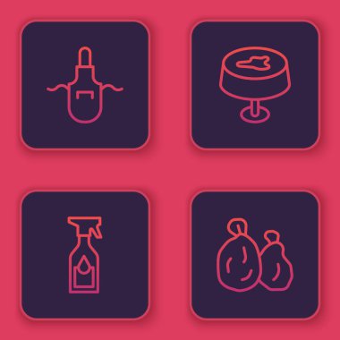 Mutfak önlüğü, temizlik spreyi şişesi masa örtüsü ve çöp torbası lekesi. Mavi kare düğme. Vektör.