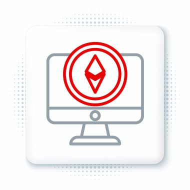 Çizgi Monitörü ve Kripto Para Birimi Ethereum ETH simgesi beyaz arkaplanda izole edildi. Altcoin sembolü. Engelleme zinciri tabanlı şifreli para birimi. Renkli taslak konsepti. Vektör.