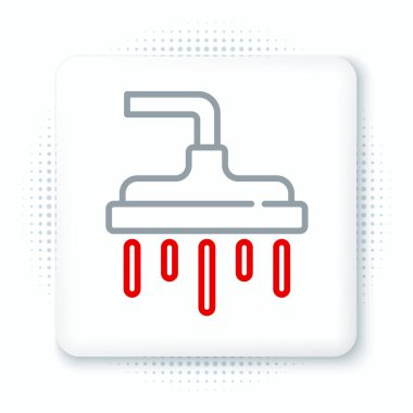 Beyaz zemin üzerinde su damlaları akan ikon olan çizgi duş başlığı izole edildi. Renkli taslak konsepti. Vektör.