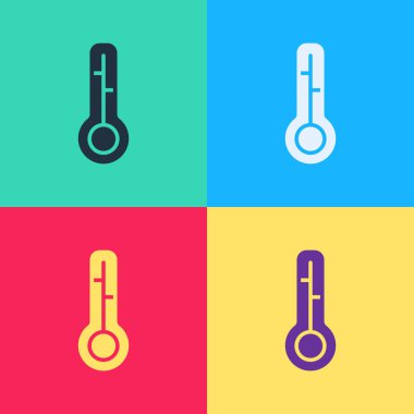 Pop Art Meteoroloji termometresi renk arkaplanında izole edilmiş ikonu ölçüyor. Termometre termometresi sıcak ya da soğuk hava gösteriyor. Vektör.