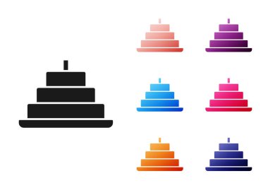 Beyaz zemin üzerinde yanan mum simgesi olan siyah pasta. Doğum günün kutlu olsun. Simgeleri renklendirin. Vektör.