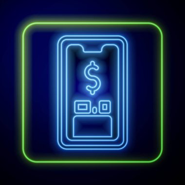 Mavi arkaplanda dolar sembolü olan parlak neon renkli akıllı telefon. İnternetten alışveriş konsepti. Finansal cep telefonu simgesi. Çevrimiçi ödeme. Vektör.